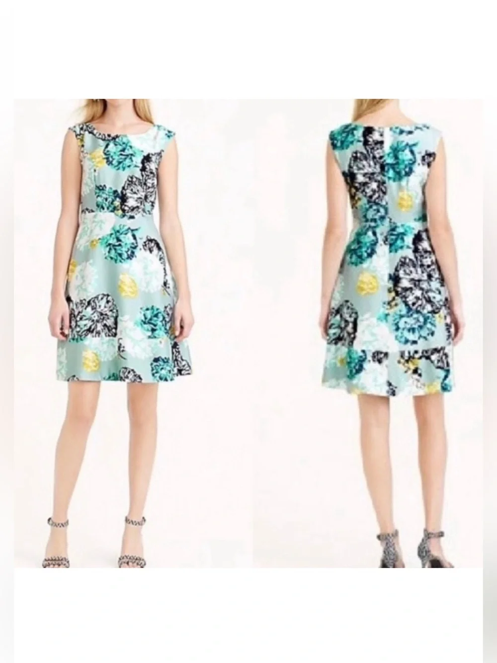 J.Crew 100% Silk Watercolor Floral A-Line Dress Blue Teal Yellow Sleeveless Sz 4